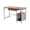 **Titre technique : Bureau en bois avec tiroir et étagère en métal**