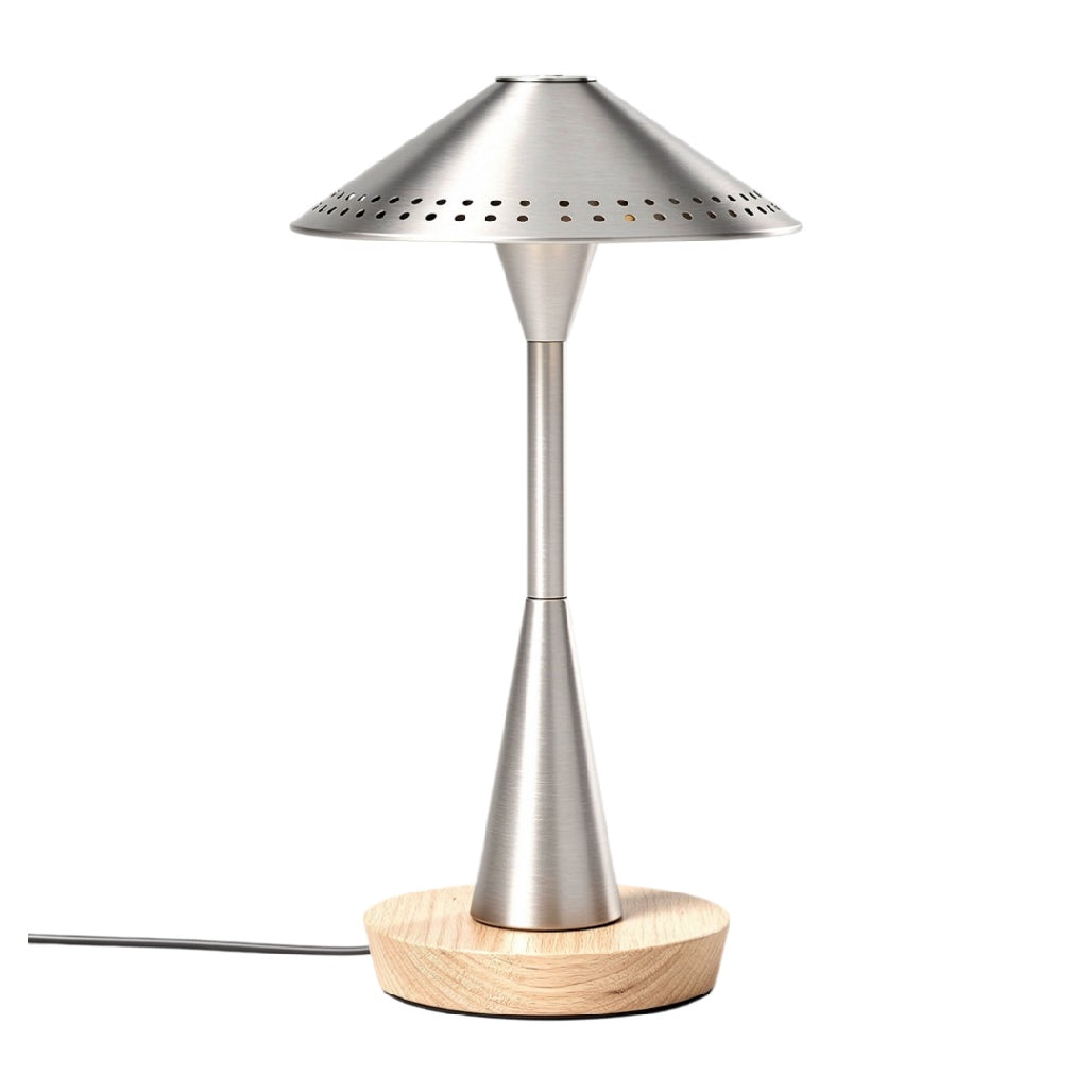 **Lampe de bureau en métal avec base en bois, design moderne et perforé**